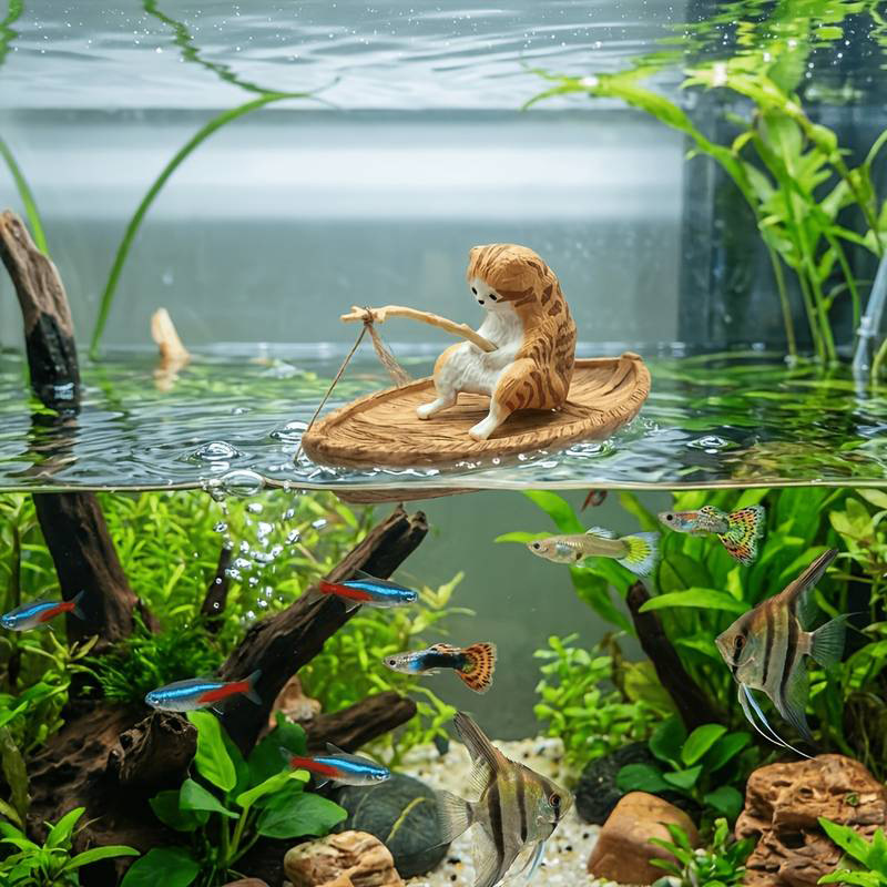 Marine Aquarium Orp - Creative Cat Fishing Boat Aquarium Ornament
